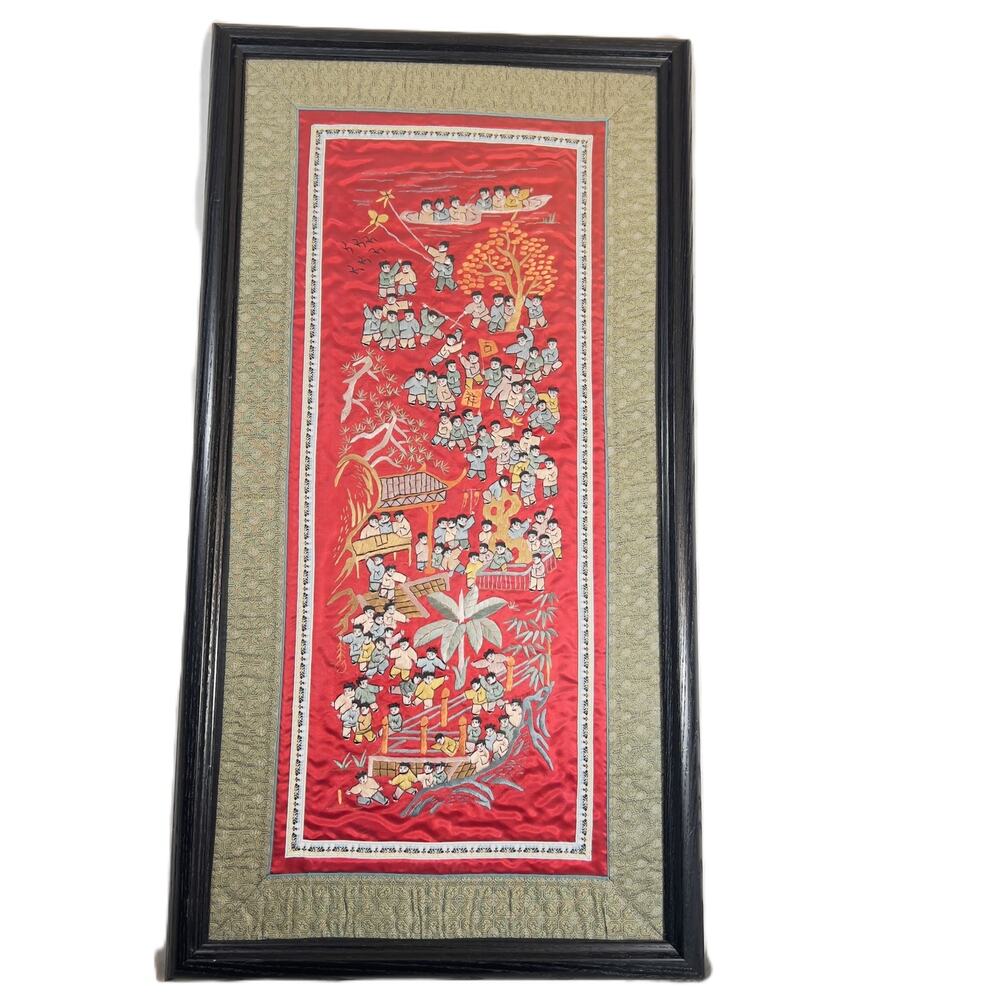 Vintage Chinese Silk Embroidery 100 Boys Dragon Boat Festival Kite Scene Framed
